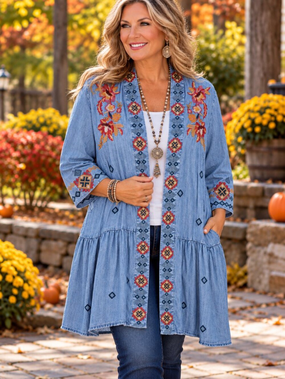 COLDWATER CREEK Denim Duster 100%Lyocell Medium Wash w/Embroidery Through-Out XL